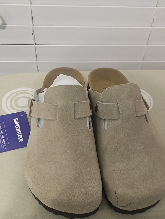 Birkenstock Shoes - Birkenstock Suede Slip-On Clogs in Light Taupe